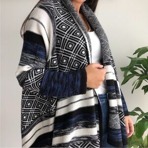 Khakis & Co striped Aztec pattern open front asymmetrical hem cardigan sweater